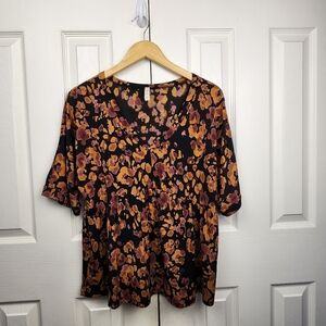 MTS Boutique Black and Brown Abstract 3/4 Sleeve Stretch Blouse Size S